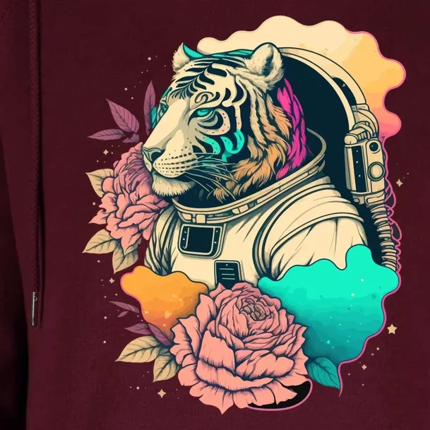 Astronaut Tiger Flowery Design Womens Funnel Neck Pullover Hood