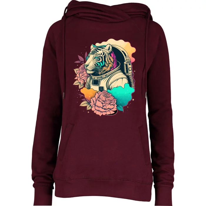 Astronaut Tiger Flowery Design Womens Funnel Neck Pullover Hood