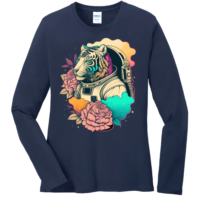 Astronaut Tiger Flowery Design Ladies Long Sleeve Shirt