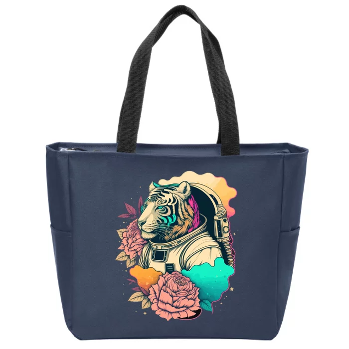 Astronaut Tiger Flowery Design Zip Tote Bag