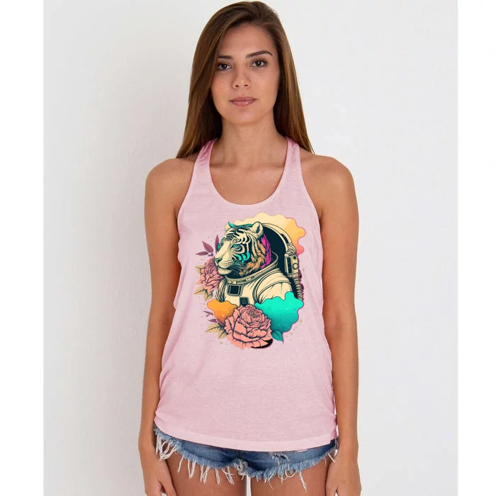 Astronaut Tiger Flowery Design Women's Knotted Racerback Tank