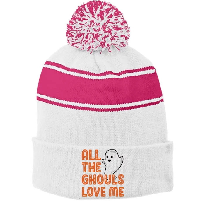 All The Ghouls Love Me Ghost Boy Halloween Stripe Pom Pom Beanie