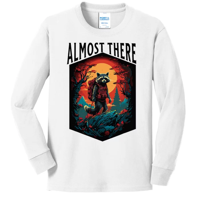 Almost There Hiking Raccoon Kids Long Sleeve Shirt