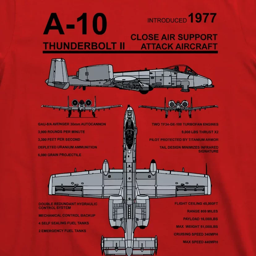 A10 Thunderbolt Ii Warthog Military Jet Spec Diagram T-Shirt