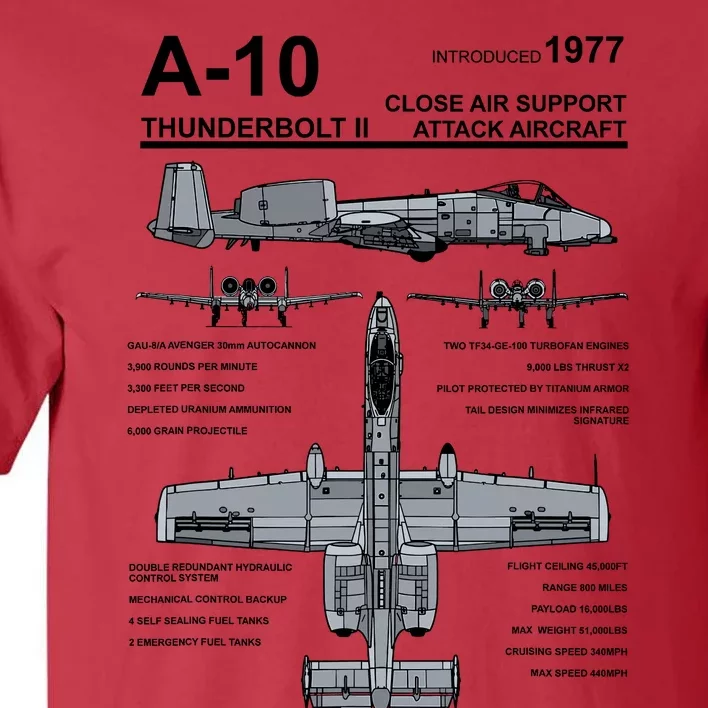 A10 Thunderbolt Ii Warthog Military Jet Spec Diagram Tall T-Shirt