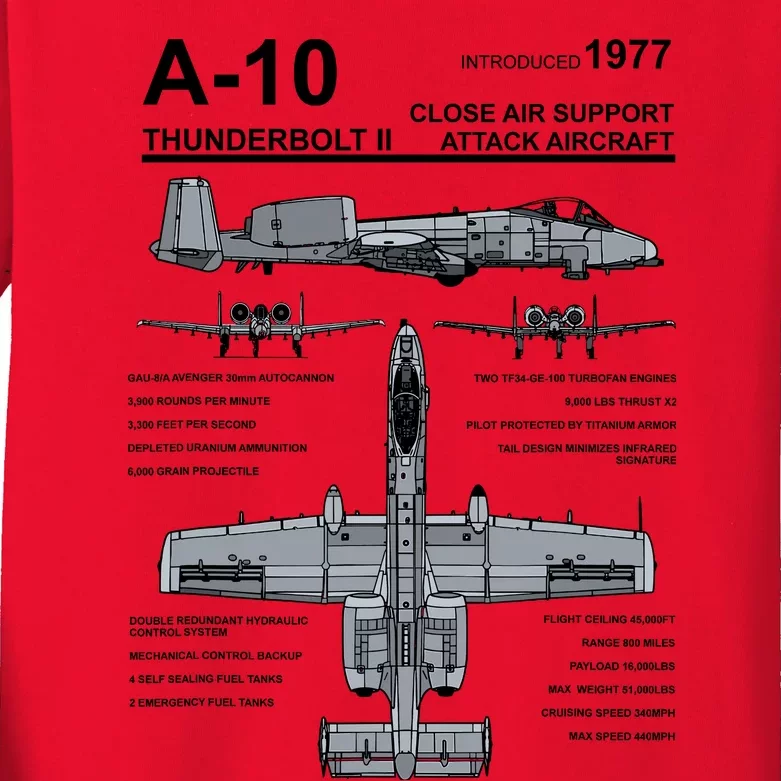 A10 Thunderbolt Ii Warthog Military Jet Spec Diagram Kids Long Sleeve Shirt