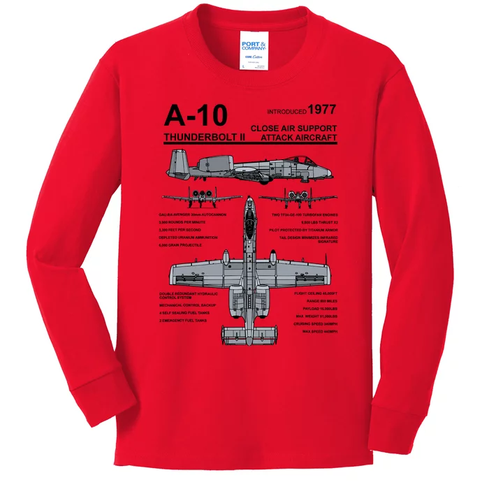 A10 Thunderbolt Ii Warthog Military Jet Spec Diagram Kids Long Sleeve Shirt