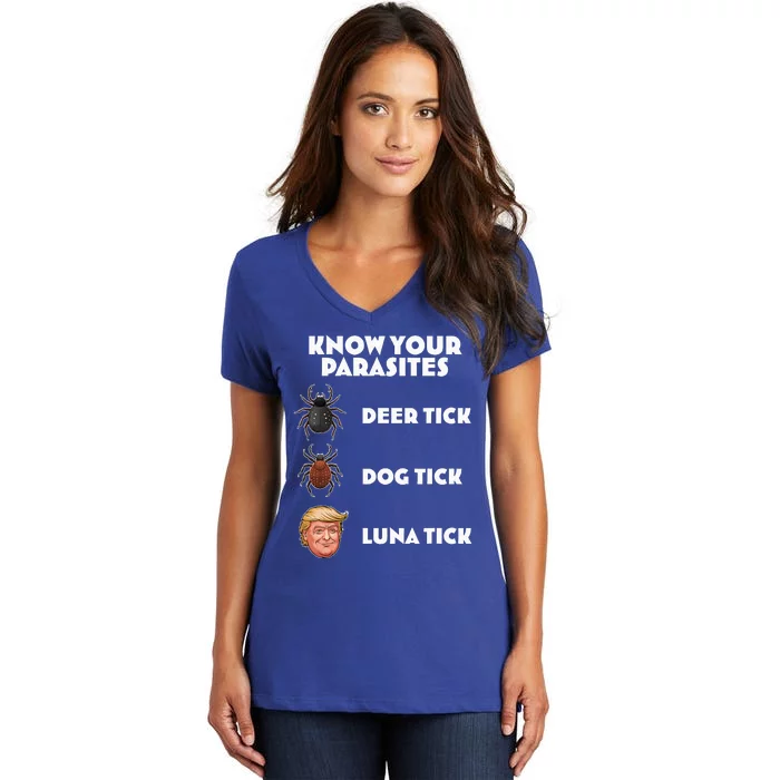 Anti Trump Know Your Parasites Lunatic Women's V-Neck T-Shirt