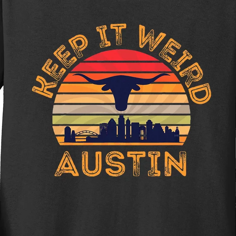 Austin Texas Keep It Weird Longhorn Sunset Kids Long Sleeve Shirt