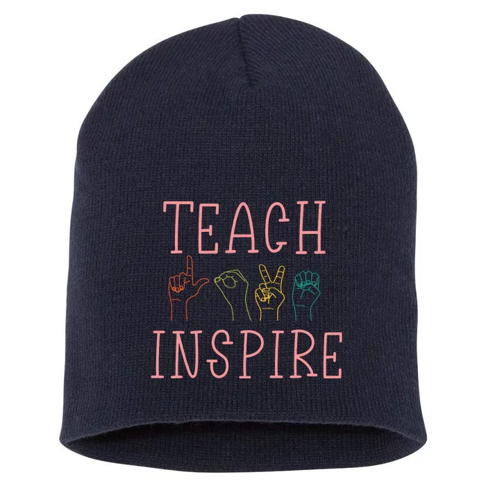 ASL Teach Love Inspire Sign Language Teacher Gift Short Acrylic Beanie