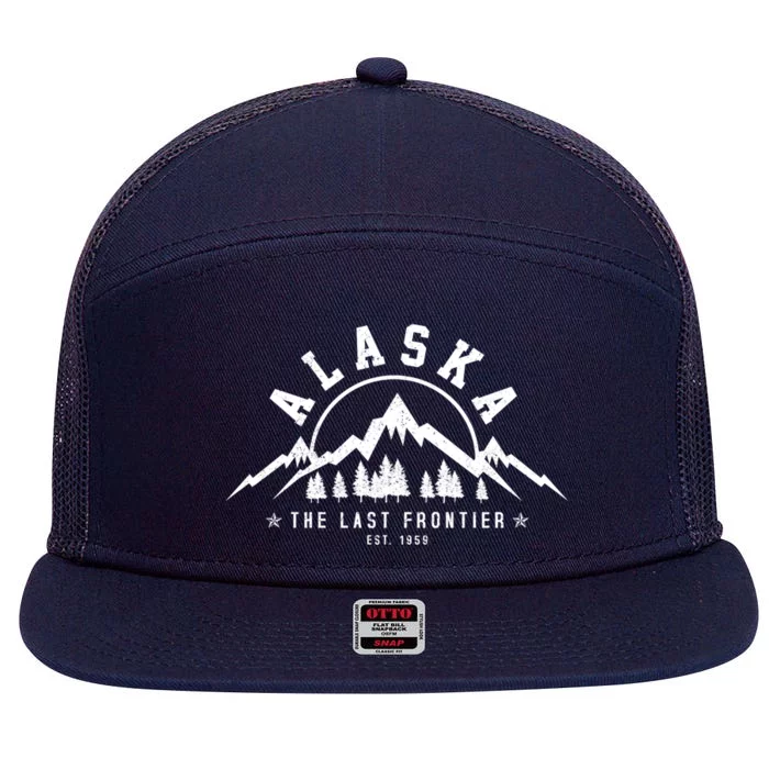 Alaska The Last Frontier Est 1959 Mountains Nature Gift 7 Panel Mesh Trucker Snapback Hat