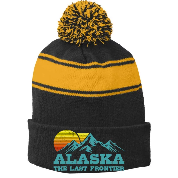 Alaska The Last Frontier Vintage Mountains Sunset Souvenir Stripe Pom Pom Beanie