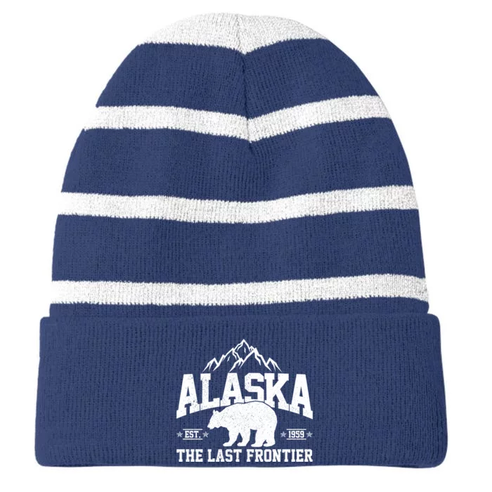 Alaska The Last Frontier EST 1959 Grizzly Bear Mountains Striped Beanie with Solid Band