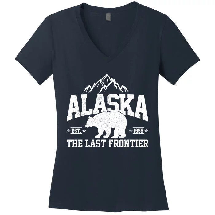 Alaska The Last Frontier EST 1959 Grizzly Bear Mountains Women's V-Neck T-Shirt