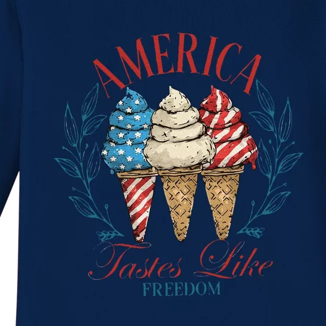 America Tastes Like Freedom American Girly 4th Of July Baby Long Sleeve Bodysuit