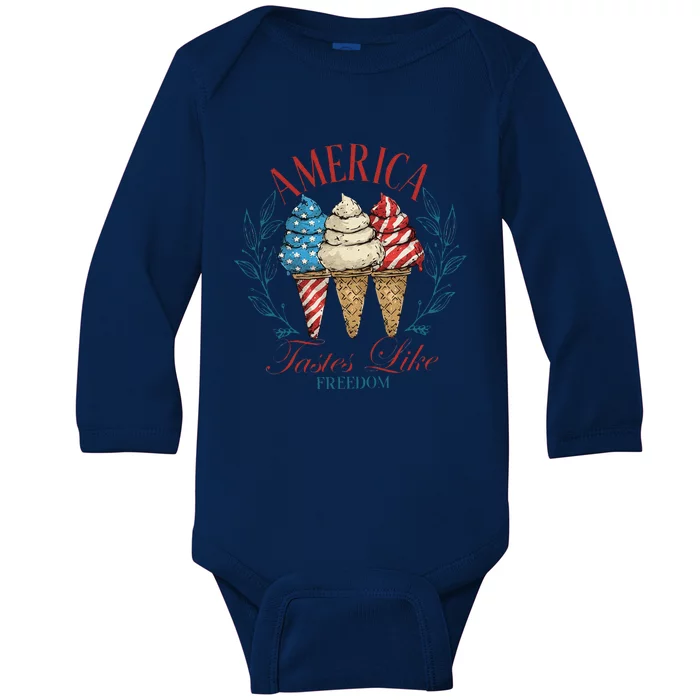 America Tastes Like Freedom American Girly 4th Of July Baby Long Sleeve Bodysuit