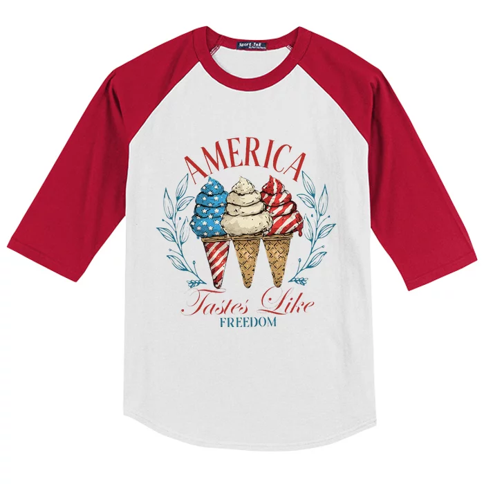 America Tastes Like Freedom American Girly 4th Of July Kids Colorblock Raglan Jersey