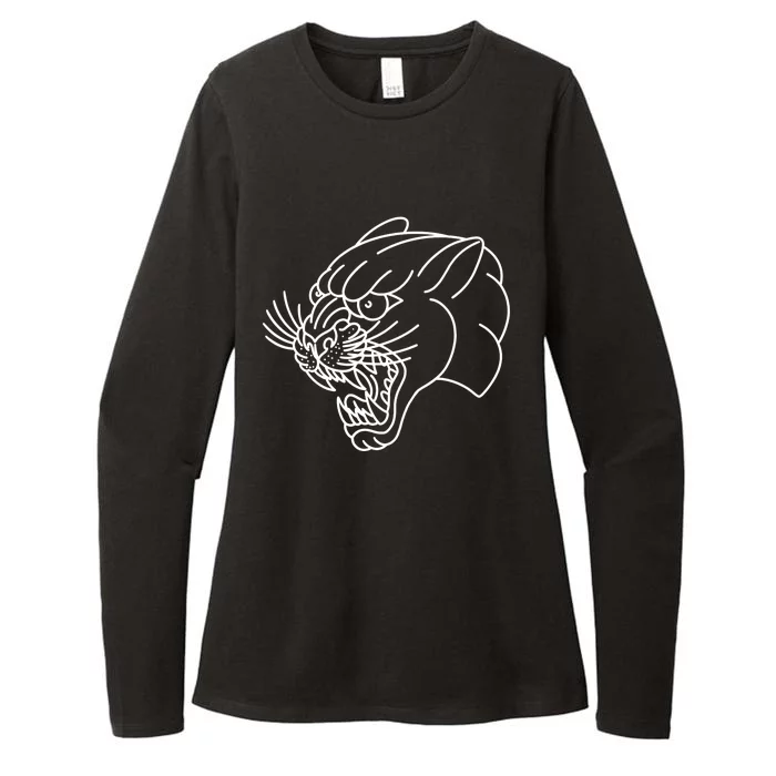 American Traditional Panther Head Outline Tattoo Womens CVC Long Sleeve Shirt