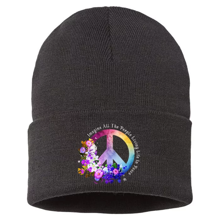 All The People Imagine Living Life In Peace Colorful Flowers Sustainable Knit Beanie