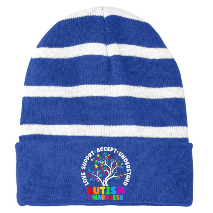 Autism Tree Puzzle tee Love Accept Support Autism Awareness Striped Beanie with Solid Band