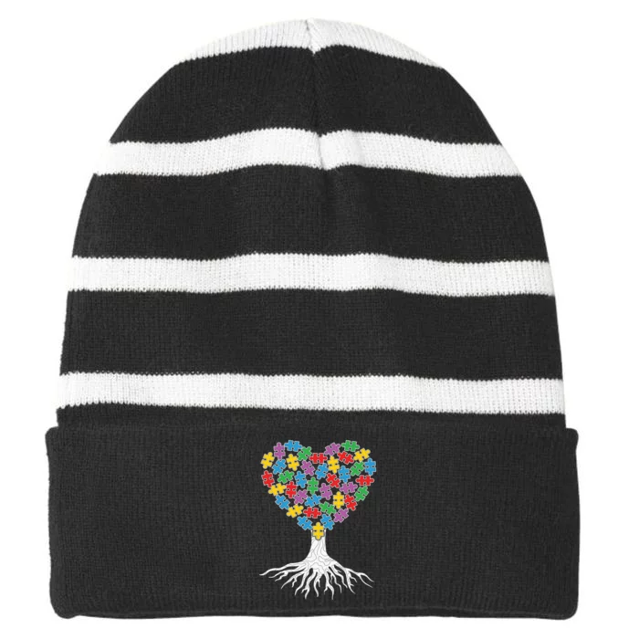 Autism Tree Puzzles Heart Tree Gift Autism Awareness Day Striped Beanie with Solid Band