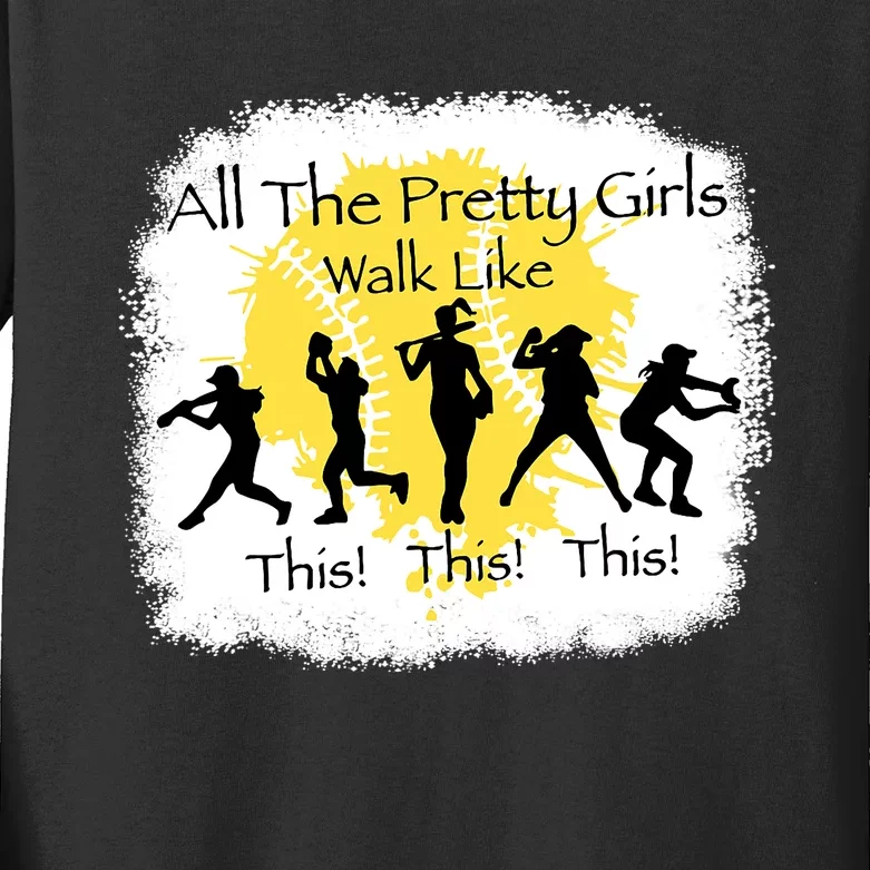 All The Pretty Girl Walk Like This Funny Baseball Girl Kids Long Sleeve Shirt