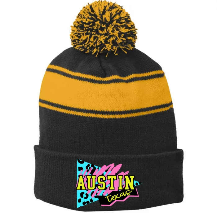 Austin Texas Retro 90s Stripe Pom Pom Beanie