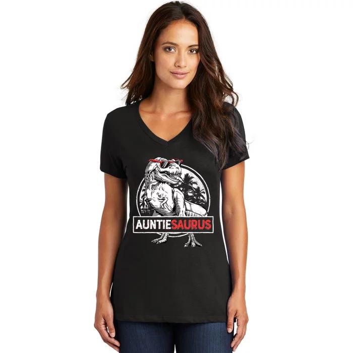 Auntiesaurus T Rex Dinosaur Auntie Saurus Family Matching Women's V-Neck T-Shirt