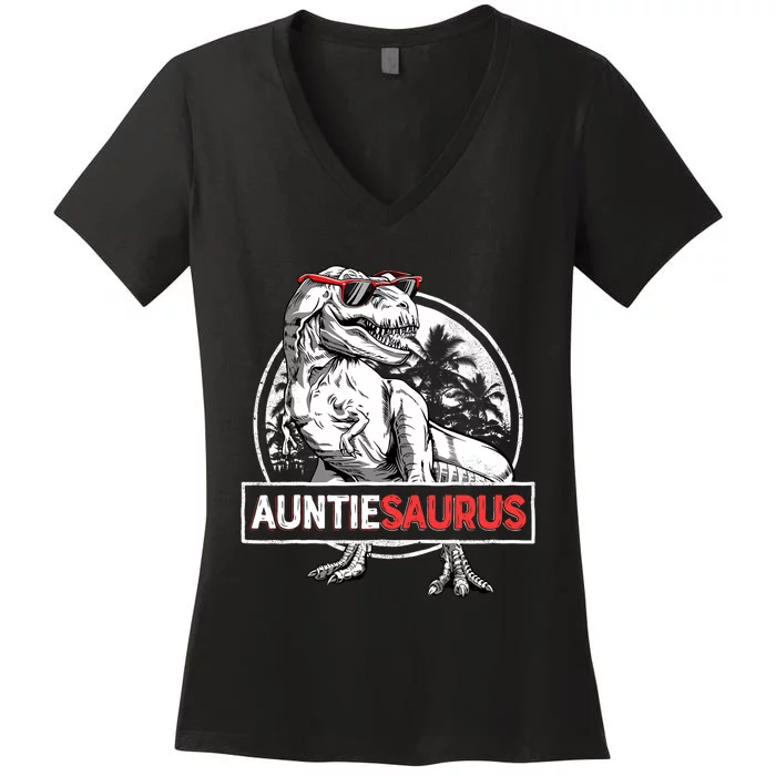 Auntiesaurus T Rex Dinosaur Auntie Saurus Family Matching Women's V-Neck T-Shirt