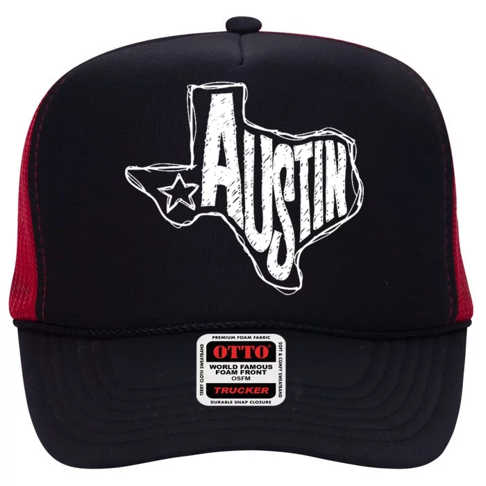 Austin Texas State Retro Outline Map High Crown Mesh Trucker Hat