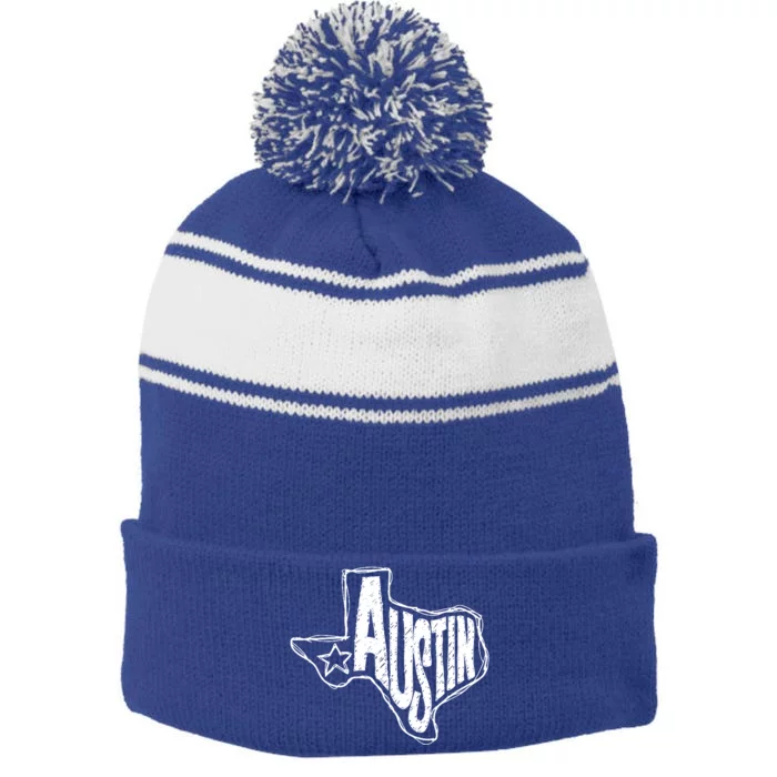 Austin Texas State Retro Outline Map Stripe Pom Pom Beanie