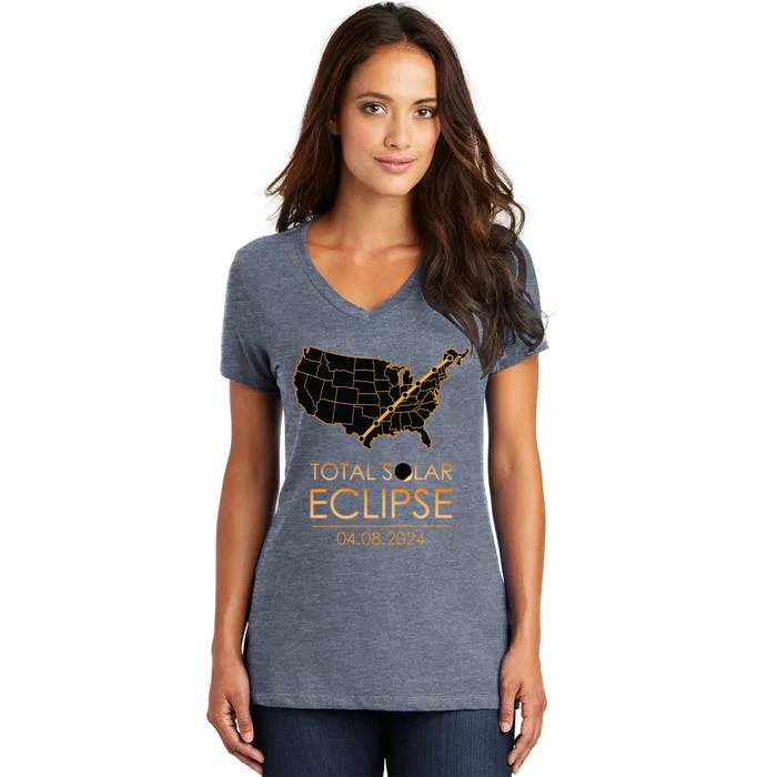 America Total Solar Eclipse April 8 2024 Usa Map Totality Women's V-Neck T-Shirt