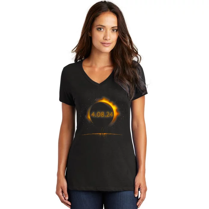 America Totality Spring 4.08.24 Total Solar Eclipse 2024 Women's V-Neck T-Shirt