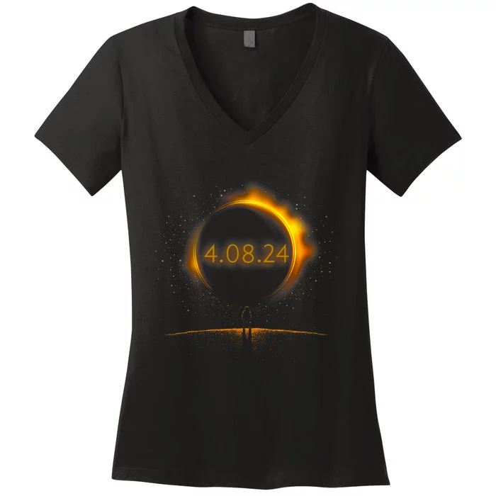 America Totality Spring 4.08.24 Total Solar Eclipse 2024 Women's V-Neck T-Shirt