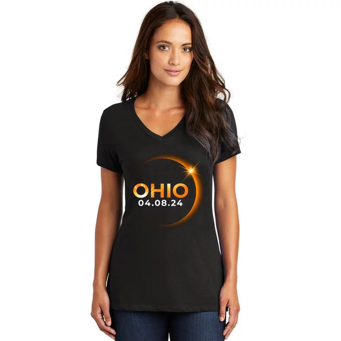 America Total Solar Eclipse Spring April 8 2024 Ohio Women's V-Neck T-Shirt