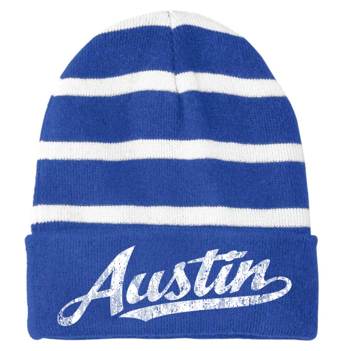 Austin Texas Tx Cute Gift Vintage Sports Script Retro Gift Tee Striped Beanie with Solid Band