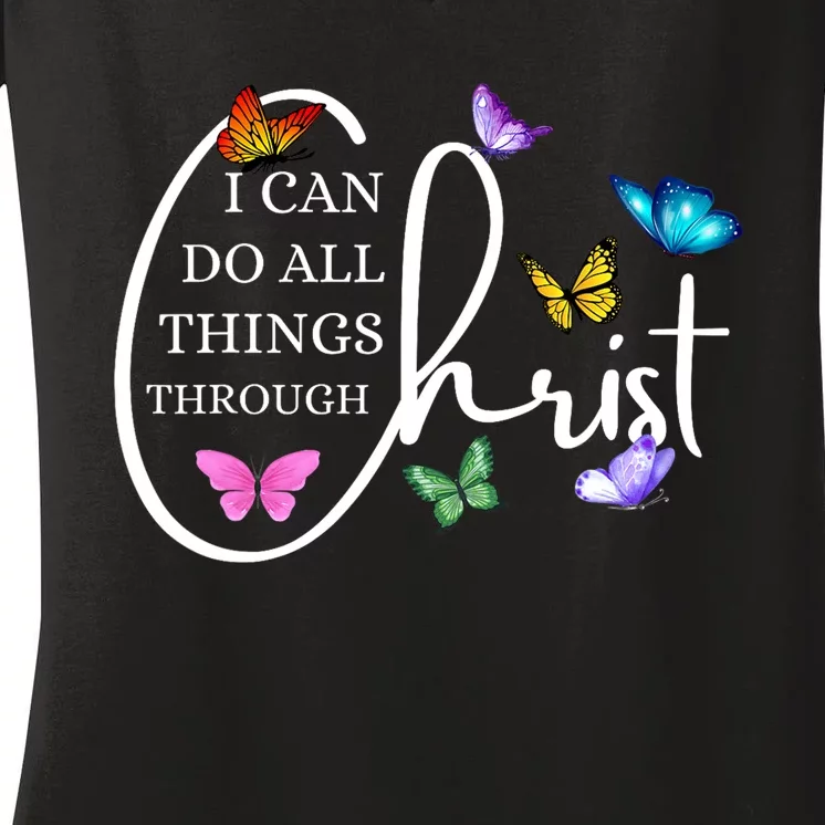 All Things Through Christ Faith Based Christian Women's V-Neck T-Shirt