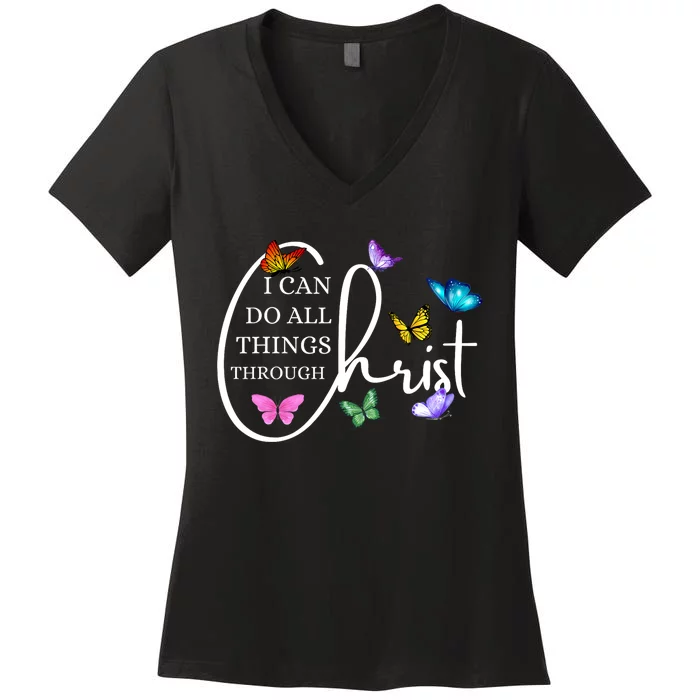 All Things Through Christ Faith Based Christian Women's V-Neck T-Shirt