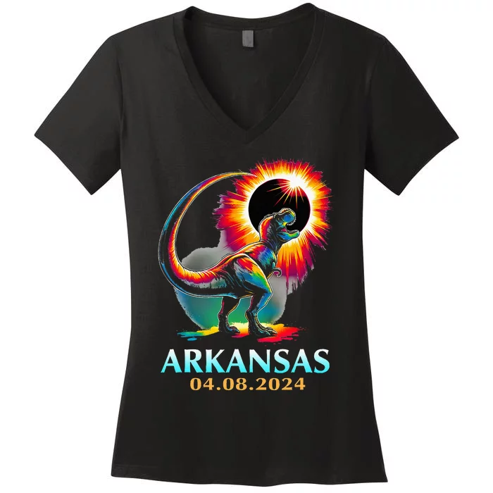 Arkansas Totality Total Solar Eclipse 2024 T Rex Dinosaur Women's V-Neck T-Shirt