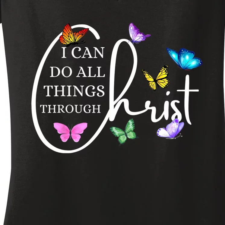 All Things Through Christ Faith Based Christian Graphic Women's V-Neck T-Shirt