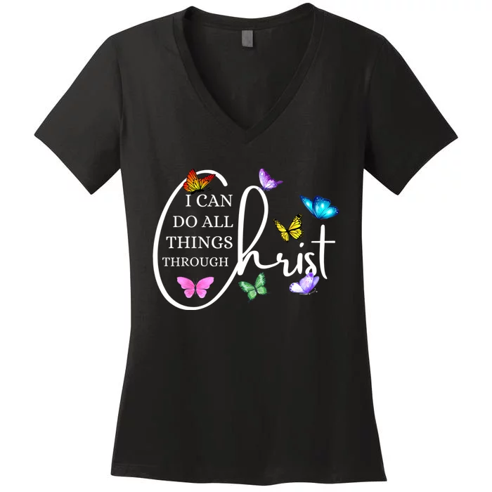 All Things Through Christ Faith Based Christian Graphic Women's V-Neck T-Shirt