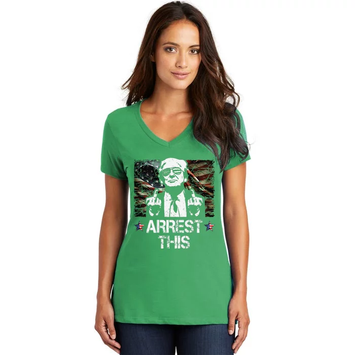 Arrest This Trump Middle Fingers Pro Trump 2024 Women's V-Neck T-Shirt