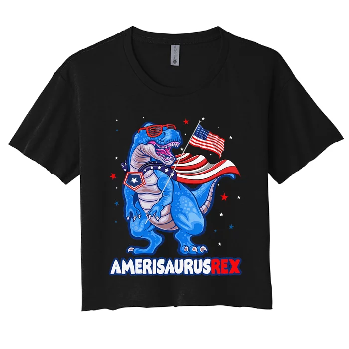 Amerisaurus T-rex USA Flag Funny 4th Of July Dinosaur Women's Crop Top Tee