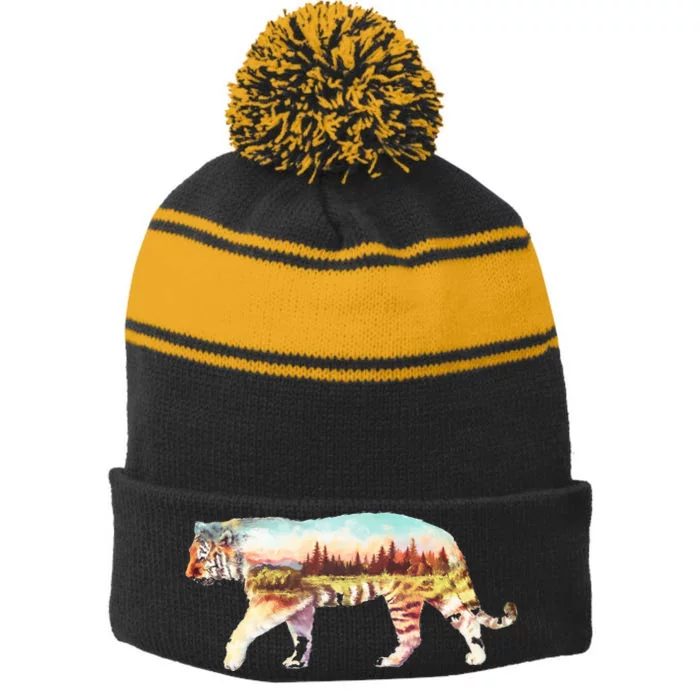 Adventurous Tiger Wilderness Graphic Stripe Pom Pom Beanie