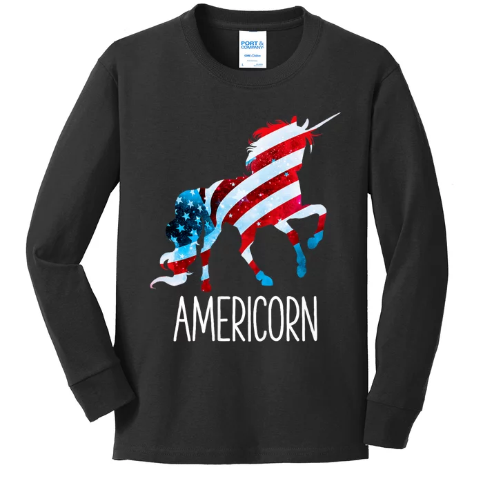 Americorn Unicorn 4th Of July Mericorn Merica Kids Long Sleeve Shirt