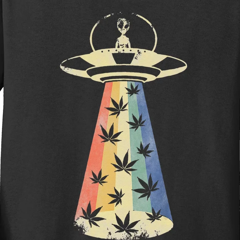 Alien UFO Abduction Weed Cannabis Marijuana Leaf Funny Kids Long Sleeve Shirt