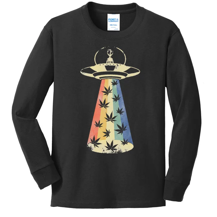 Alien UFO Abduction Weed Cannabis Marijuana Leaf Funny Kids Long Sleeve Shirt