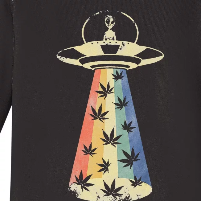 Alien UFO Abduction Weed Cannabis Marijuana Leaf Funny Baby Long Sleeve Bodysuit