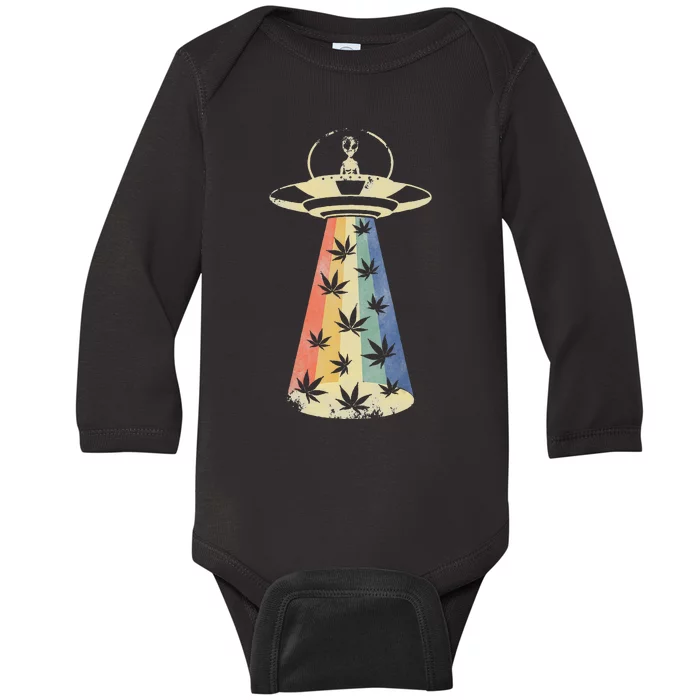 Alien UFO Abduction Weed Cannabis Marijuana Leaf Funny Baby Long Sleeve Bodysuit