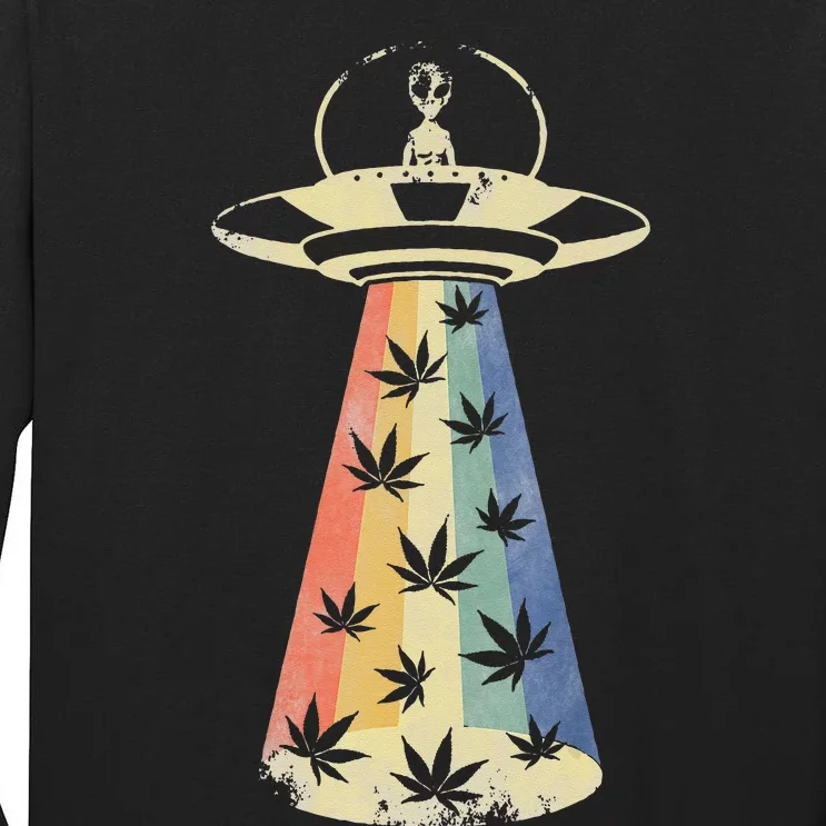 Alien UFO Abduction Weed Cannabis Marijuana Leaf Funny Tall Long Sleeve T-Shirt